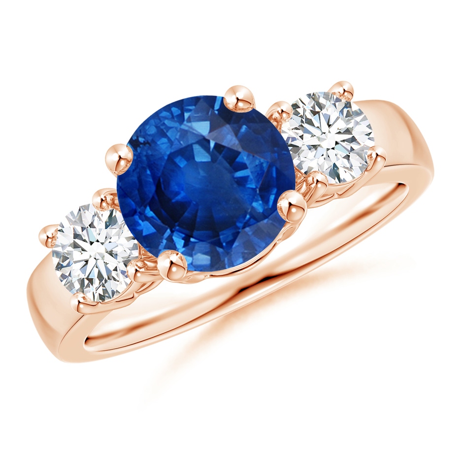 8mm AAA Classic Blue Sapphire and Diamond Three Stone Engagement Ring in Rose Gold 