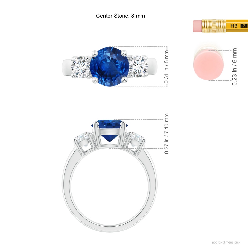 8mm AAA Classic Blue Sapphire and Diamond Three Stone Engagement Ring in White Gold ruler