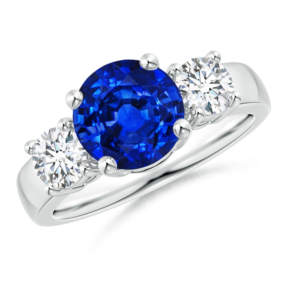 8mm AAAA Classic Blue Sapphire and Diamond Three Stone Engagement Ring in P950 Platinum 