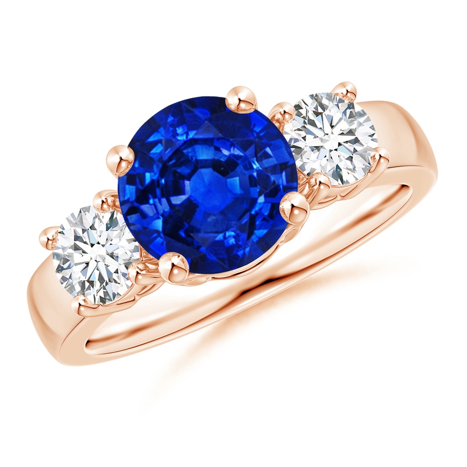 8mm AAAA Classic Blue Sapphire and Diamond Three Stone Engagement Ring in Rose Gold 