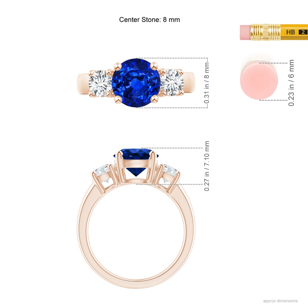 8mm AAAA Classic Blue Sapphire and Diamond Three Stone Engagement Ring in Rose Gold ruler