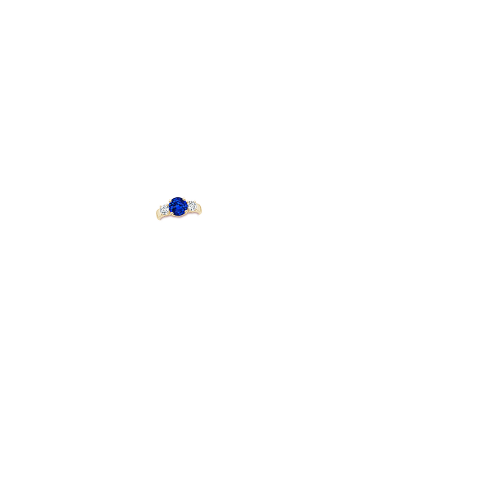 8mm AAAA Classic Blue Sapphire and Diamond Three Stone Engagement Ring in Yellow Gold hand