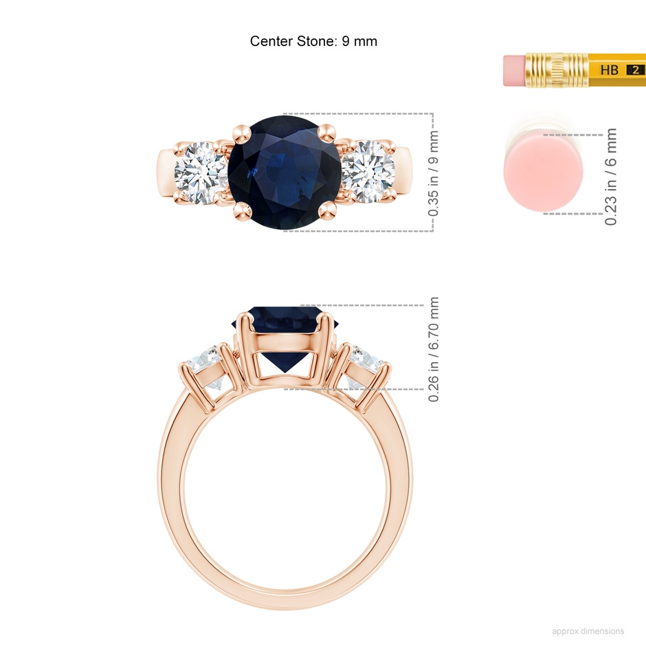 9mm A Classic Blue Sapphire and Diamond Three Stone Engagement Ring in Rose Gold ruler