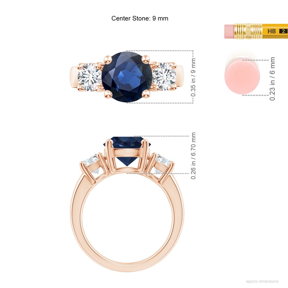 9mm AA Classic Blue Sapphire and Diamond Three Stone Engagement Ring in 9K Rose Gold ruler