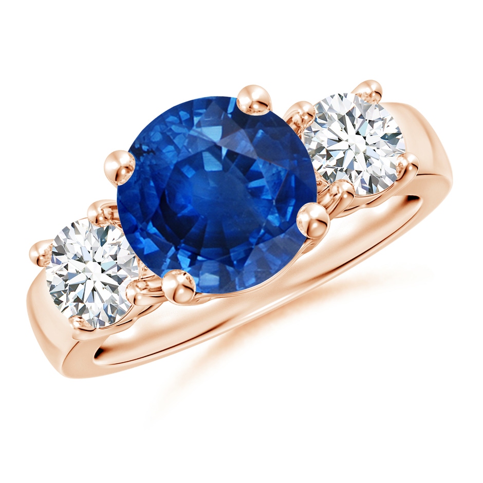 9mm AAA Classic Blue Sapphire and Diamond Three Stone Engagement Ring in Rose Gold 
