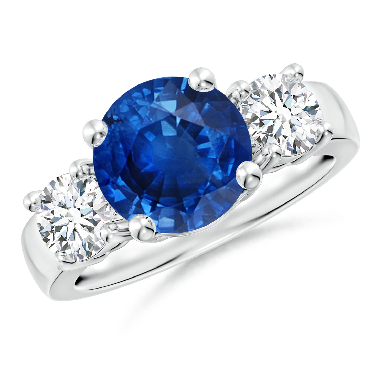9mm AAA Classic Blue Sapphire and Diamond Three Stone Engagement Ring in White Gold