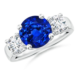 9mm AAAA Classic Blue Sapphire and Diamond Three Stone Engagement Ring in P950 Platinum