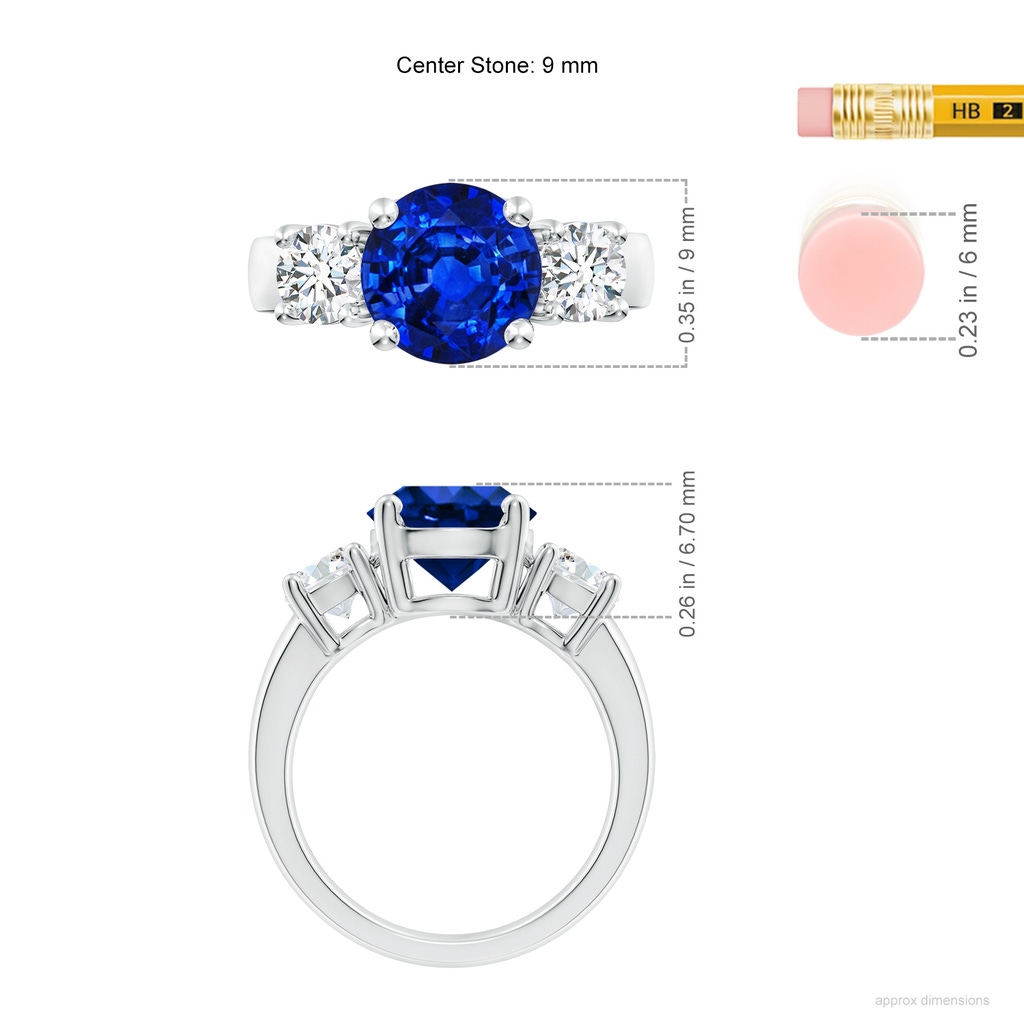 9mm AAAA Classic Blue Sapphire and Diamond Three Stone Engagement Ring in P950 Platinum ruler