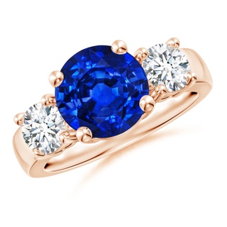 9mm AAAA Classic Blue Sapphire and Diamond Three Stone Engagement Ring in Rose Gold