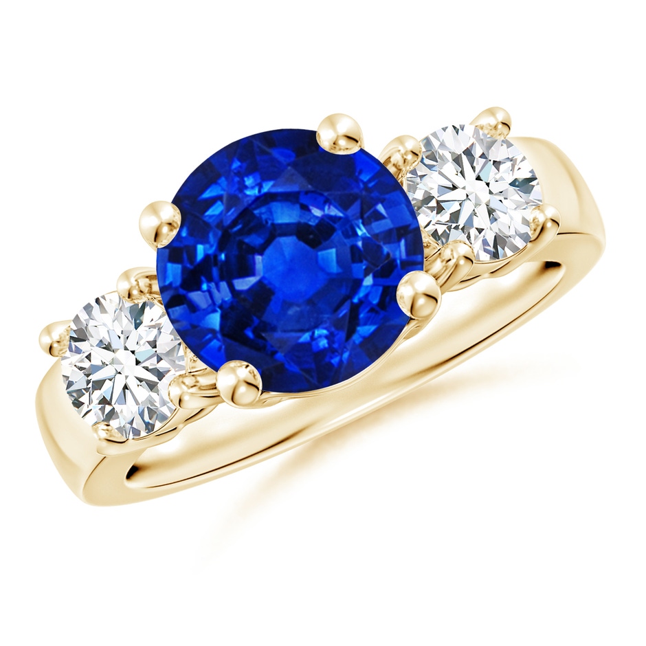 9mm Lab-Grown Classic Blue Sapphire and Diamond Three Stone Engagement Ring in Yellow Gold 