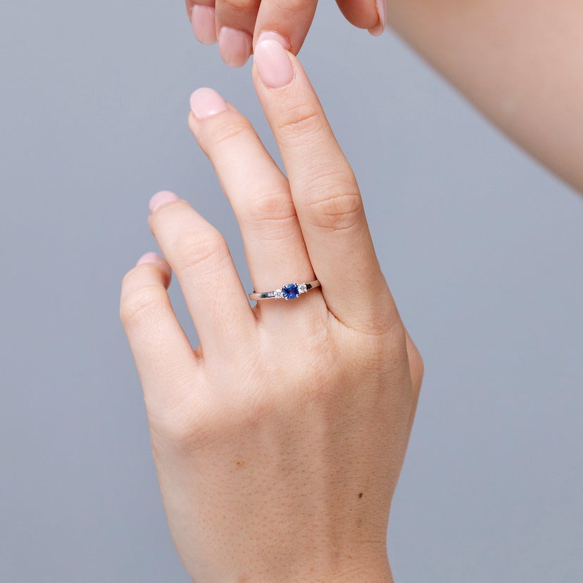 Classic Round Blue Sapphire and Diamond Three Stone Engagement Ring