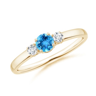 4mm AAA Classic Swiss Blue Topaz and Diamond Three Stone Ring in 9K Yellow Gold