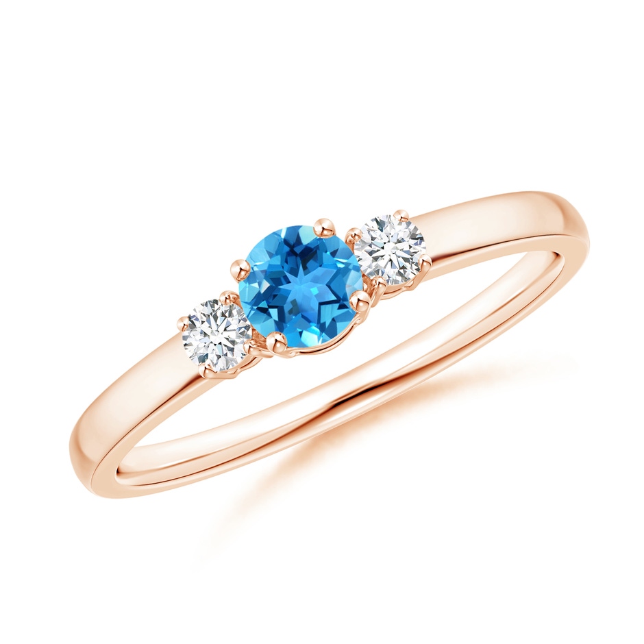 4mm AAA Classic Swiss Blue Topaz and Diamond Three Stone Ring in Rose Gold 
