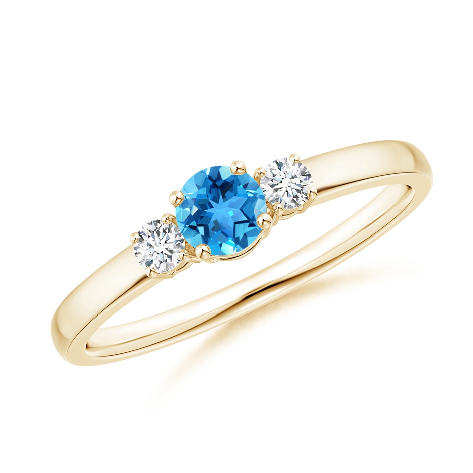 4mm AAA Classic Swiss Blue Topaz and Diamond Three Stone Ring in Yellow Gold 