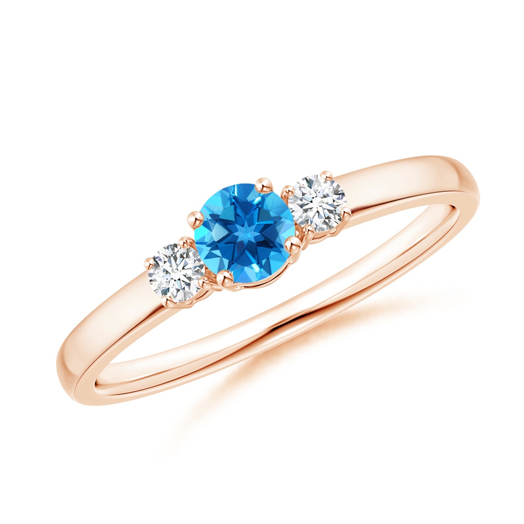 4mm AAAA Classic Swiss Blue Topaz and Diamond Three Stone Ring in Rose Gold