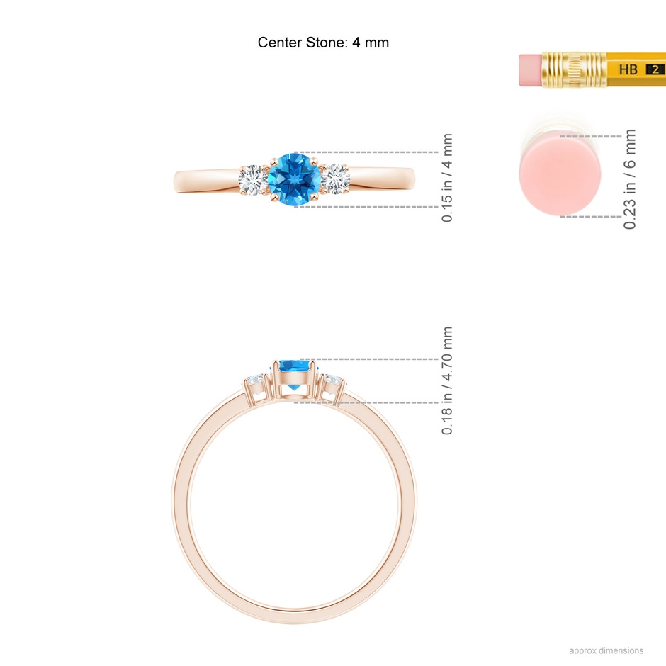 4mm AAAA Classic Swiss Blue Topaz and Diamond Three Stone Ring in Rose Gold ruler