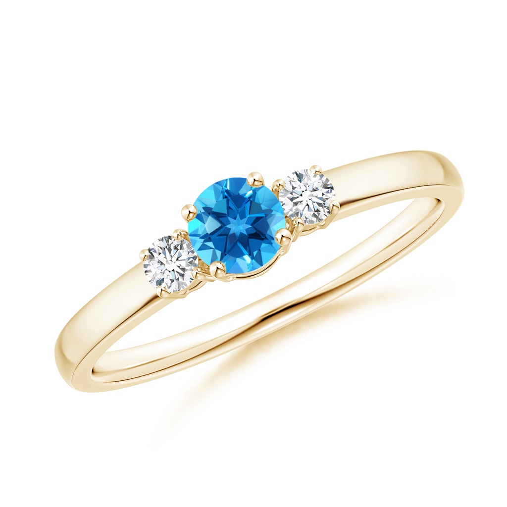 4mm AAAA Classic Swiss Blue Topaz and Diamond Three Stone Ring in Yellow Gold