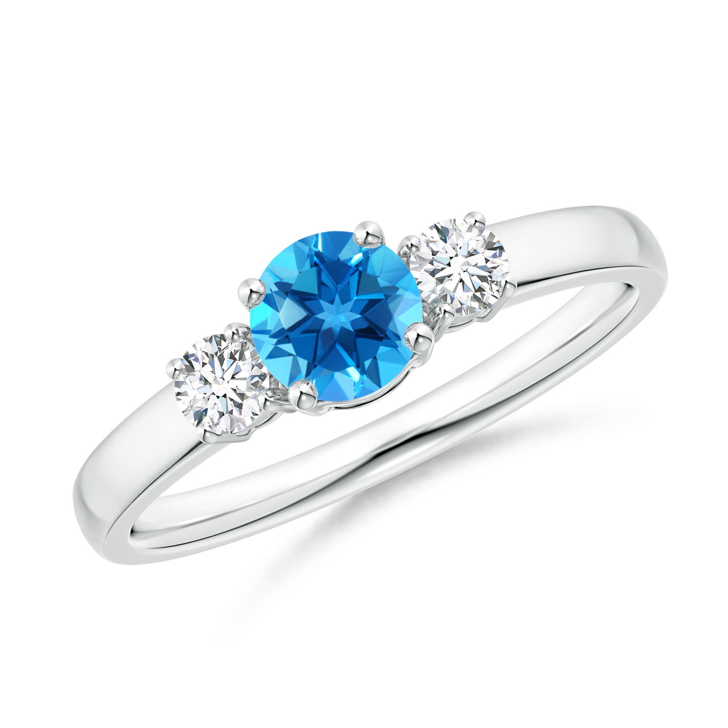 5mm AAAA Classic Swiss Blue Topaz and Diamond Three Stone Ring in P950 Platinum