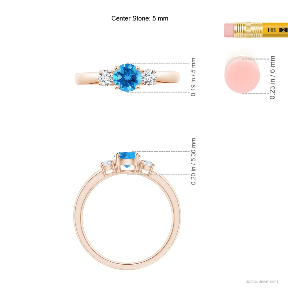 5mm AAAA Classic Swiss Blue Topaz and Diamond Three Stone Ring in Rose Gold ruler