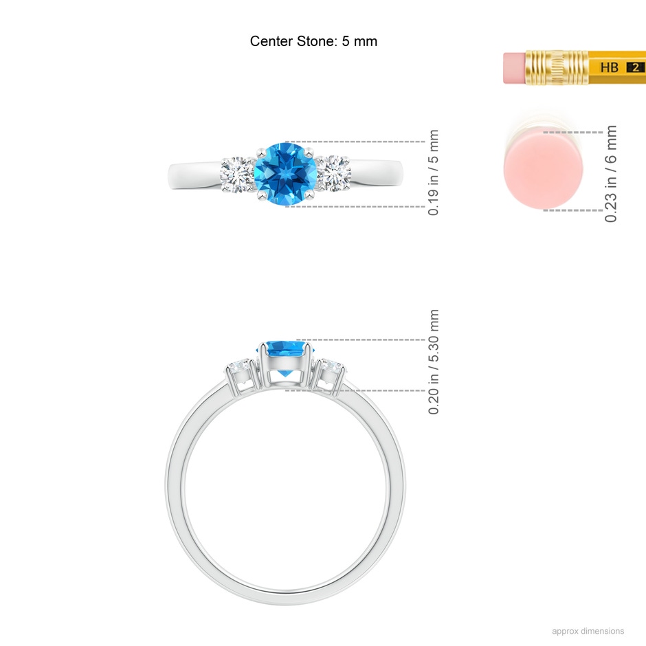 5mm AAAA Classic Swiss Blue Topaz and Diamond Three Stone Ring in White Gold ruler