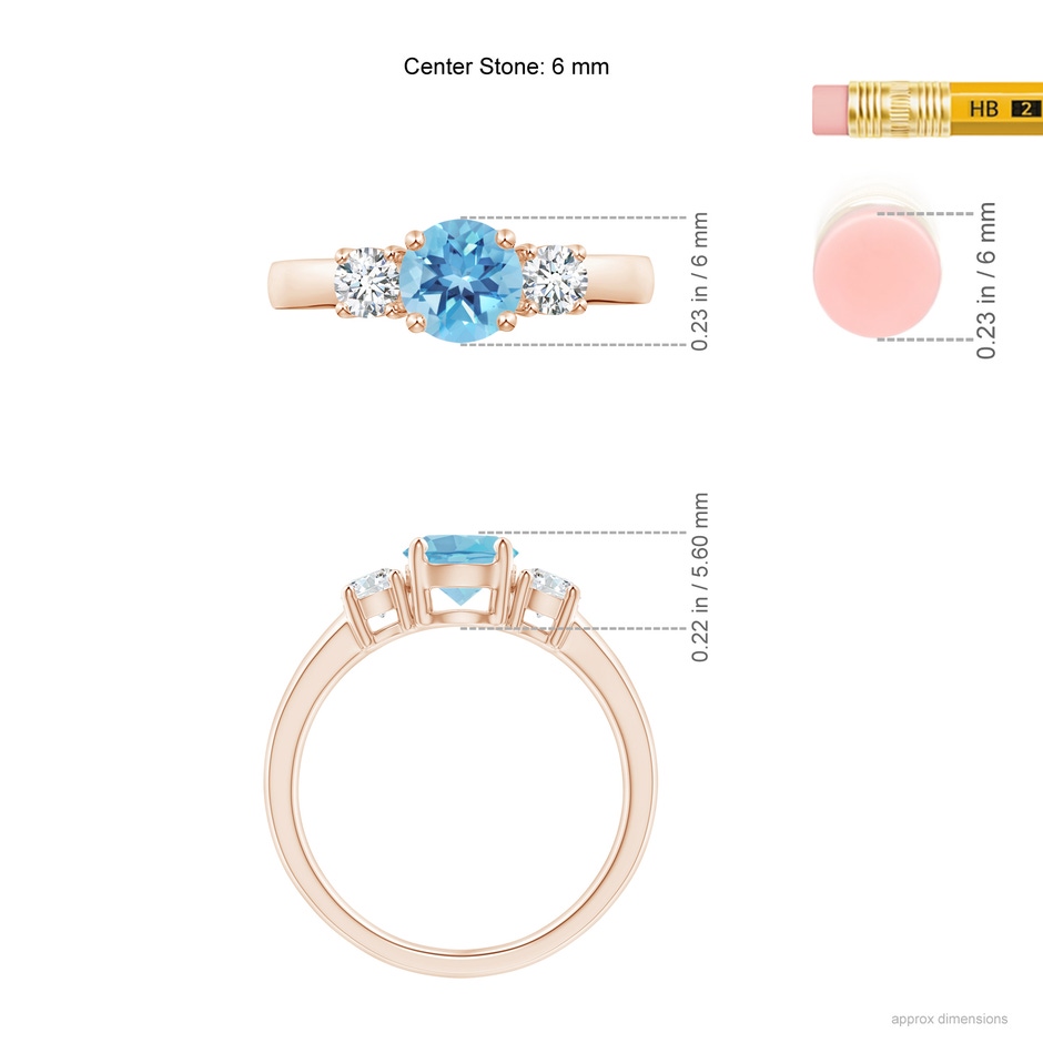 6mm A Classic Swiss Blue Topaz and Diamond Three Stone Ring in Rose Gold ruler
