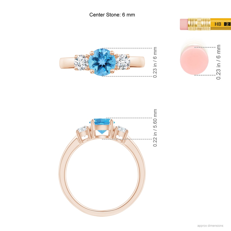6mm AA Classic Swiss Blue Topaz and Diamond Three Stone Ring in Rose Gold ruler