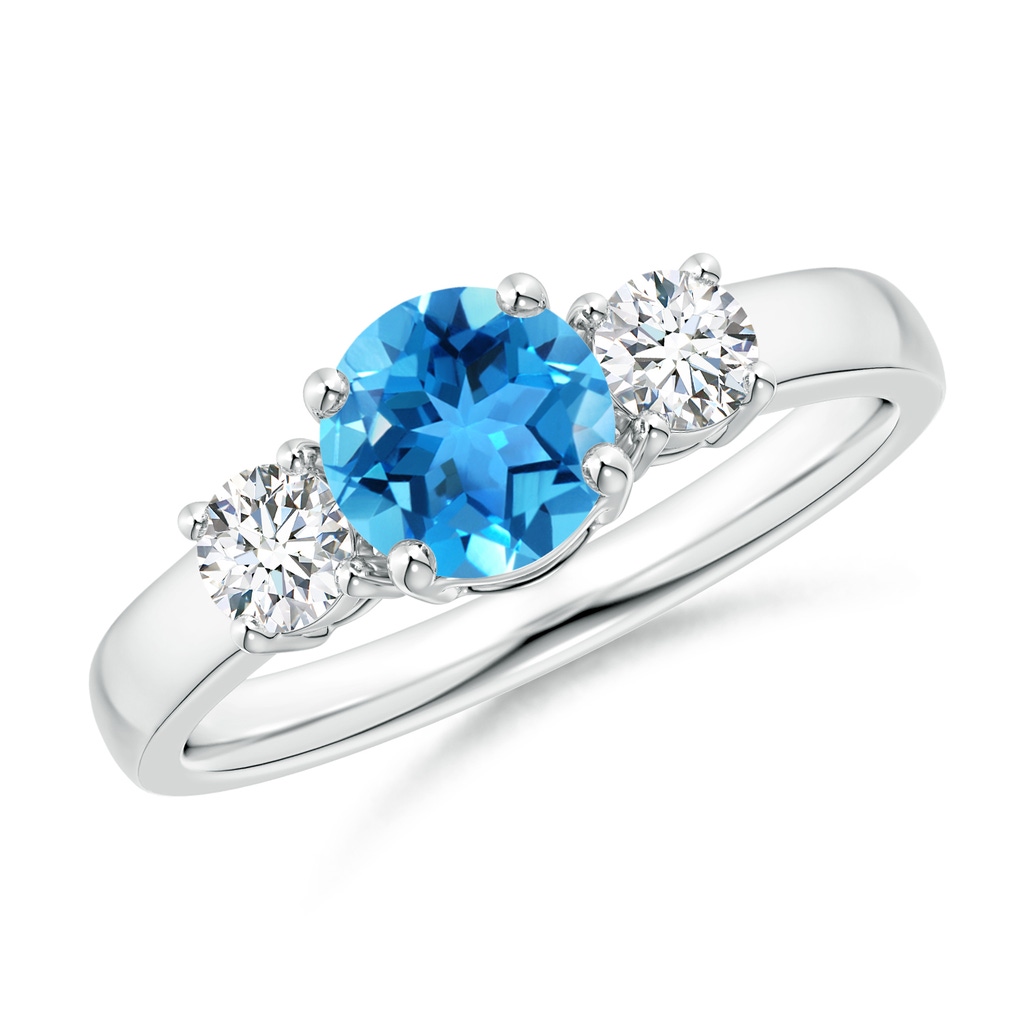 6mm AAA Classic Swiss Blue Topaz and Diamond Three Stone Ring in White Gold