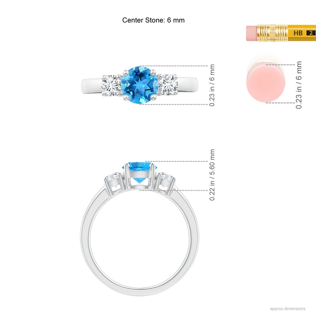 6mm AAA Classic Swiss Blue Topaz and Diamond Three Stone Ring in White Gold Ruler