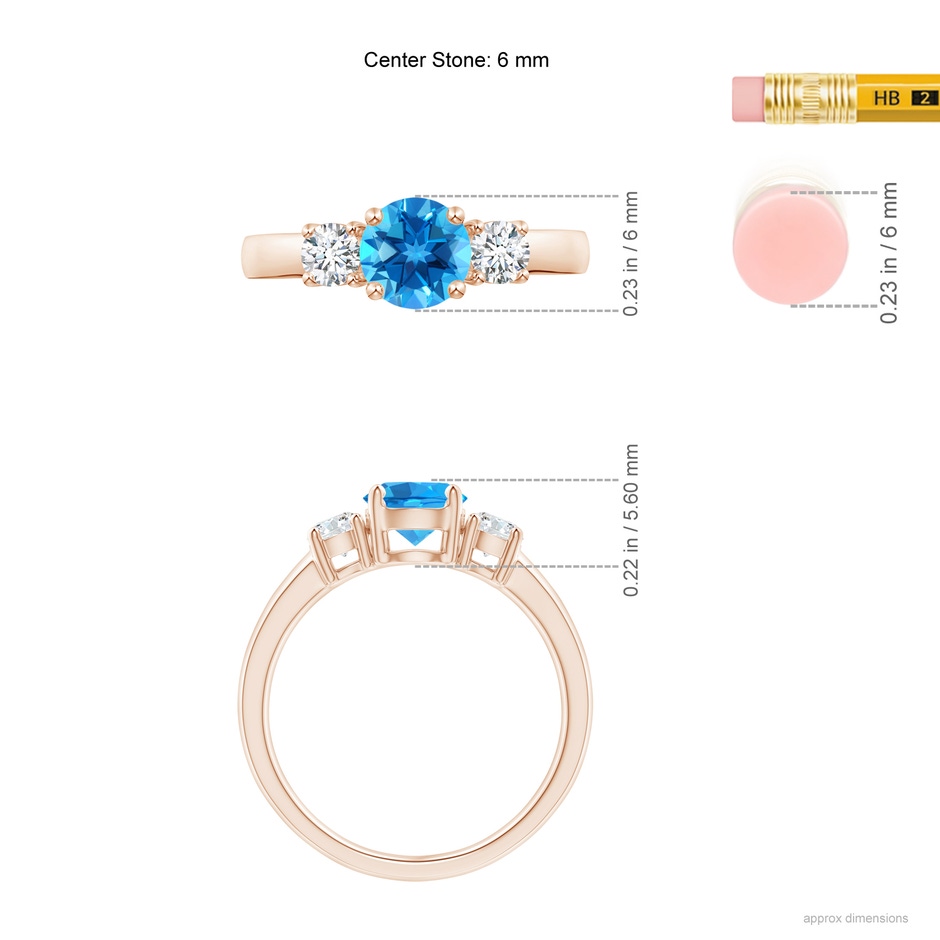 6mm AAAA Classic Swiss Blue Topaz and Diamond Three Stone Ring in Rose Gold ruler