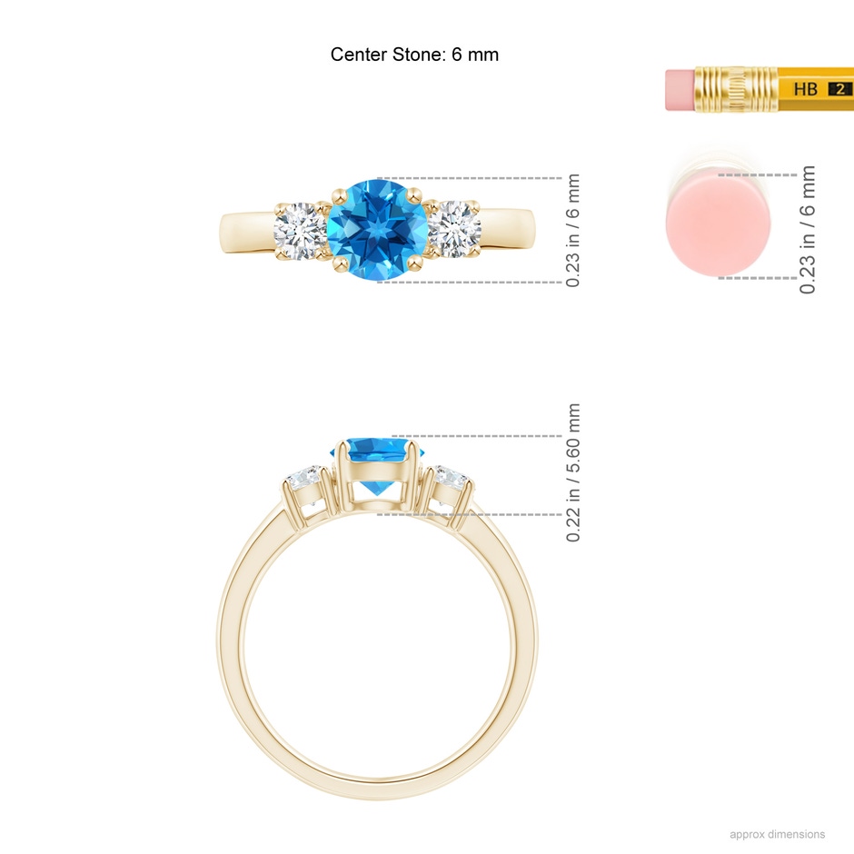 6mm AAAA Classic Swiss Blue Topaz and Diamond Three Stone Ring in Yellow Gold ruler