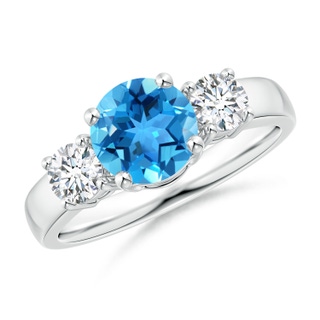 7mm AAA Classic Swiss Blue Topaz and Diamond Three Stone Ring in White Gold