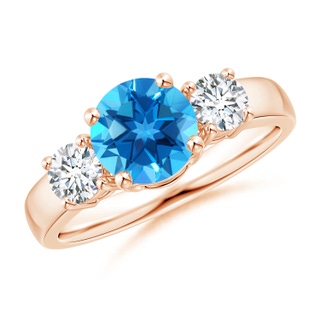 7mm AAAA Classic Swiss Blue Topaz and Diamond Three Stone Ring in Rose Gold