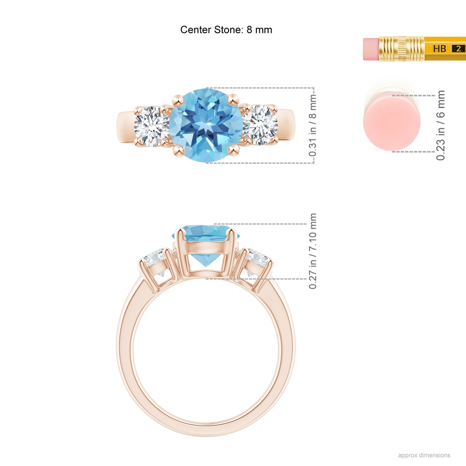 8mm A Classic Swiss Blue Topaz and Diamond Three Stone Ring in Rose Gold ruler