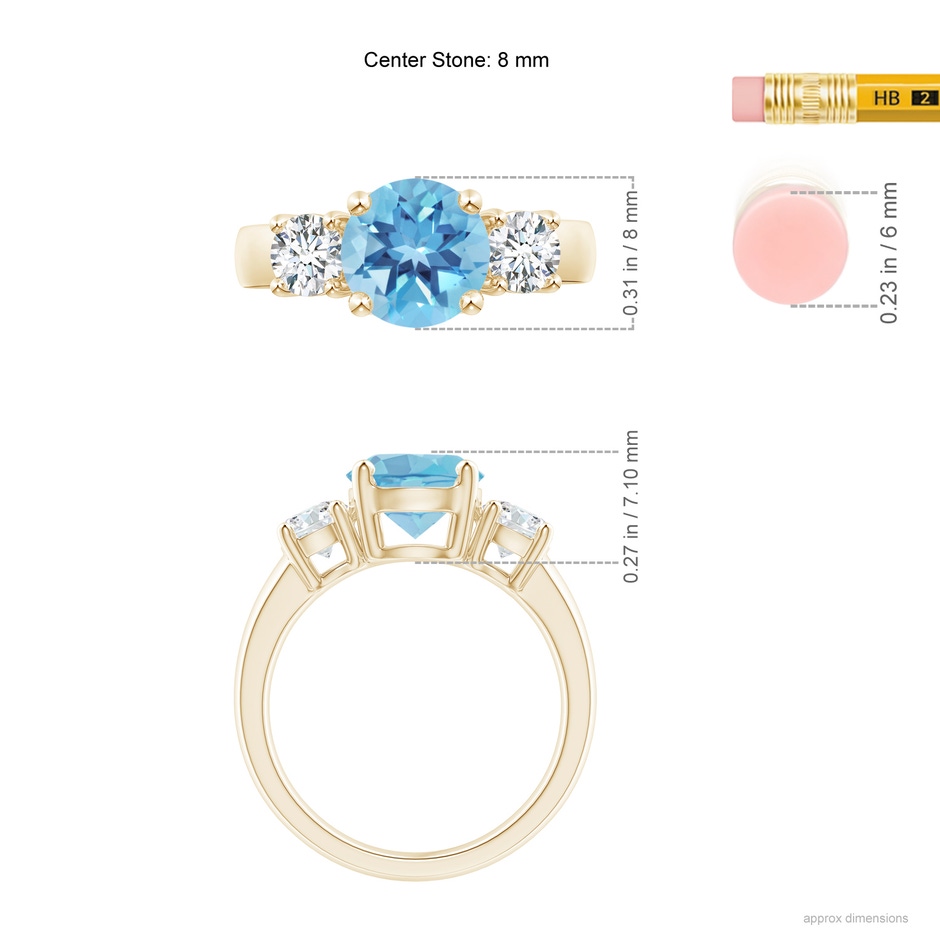 8mm A Classic Swiss Blue Topaz and Diamond Three Stone Ring in Yellow Gold ruler