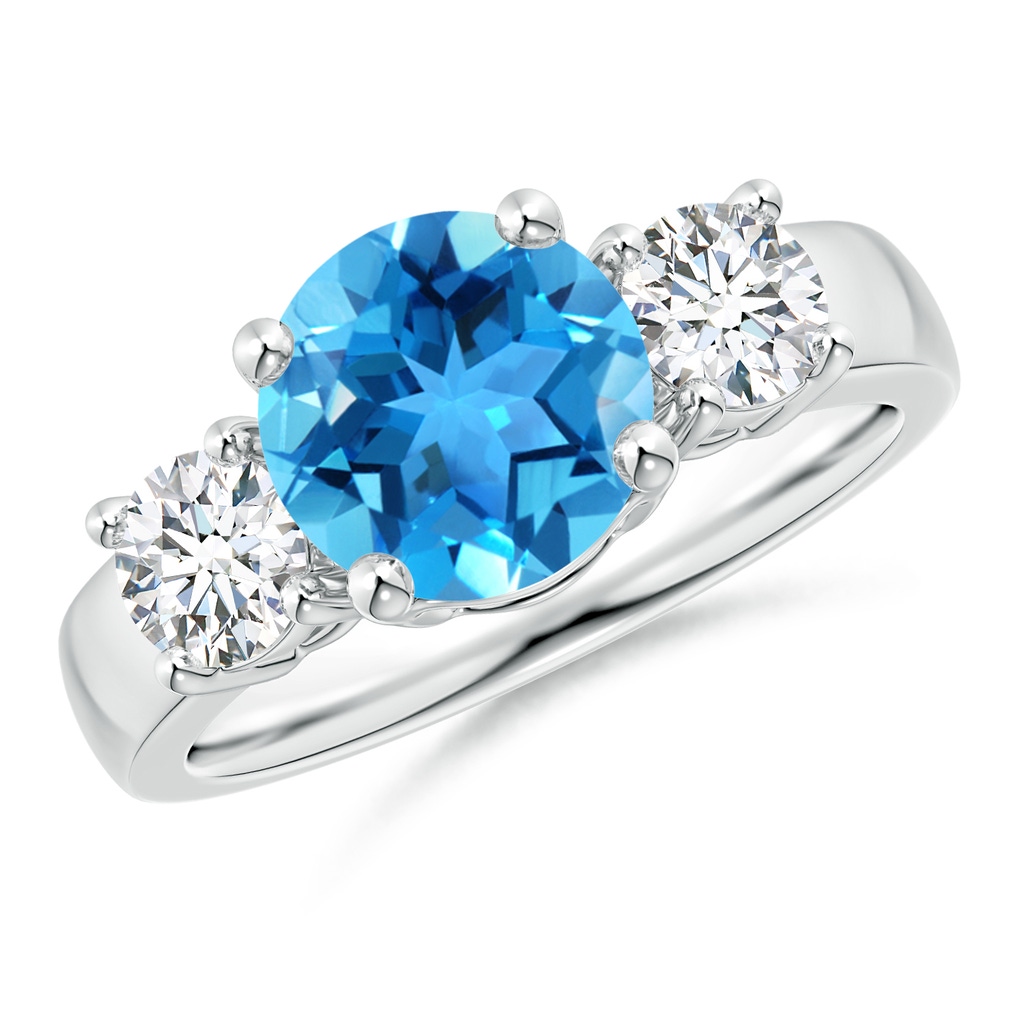 8mm AAA Classic Swiss Blue Topaz and Diamond Three Stone Ring in White Gold