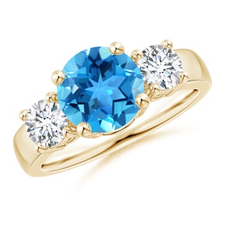 8mm AAA Classic Swiss Blue Topaz and Diamond Three Stone Ring in Yellow Gold