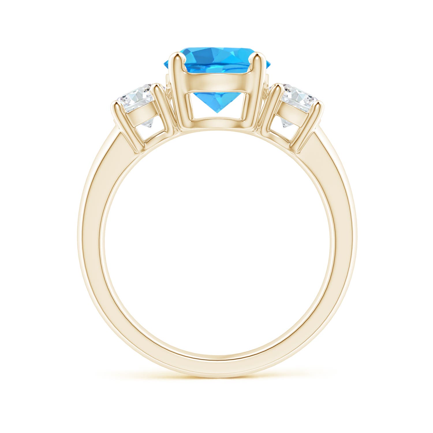 8mm AAA Classic Swiss Blue Topaz and Diamond Three Stone Ring in Yellow Gold