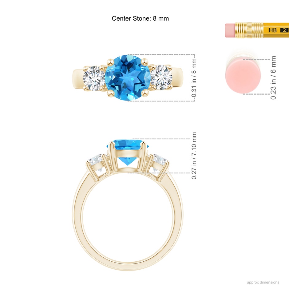 8mm AAA Classic Swiss Blue Topaz and Diamond Three Stone Ring in Yellow Gold ruler