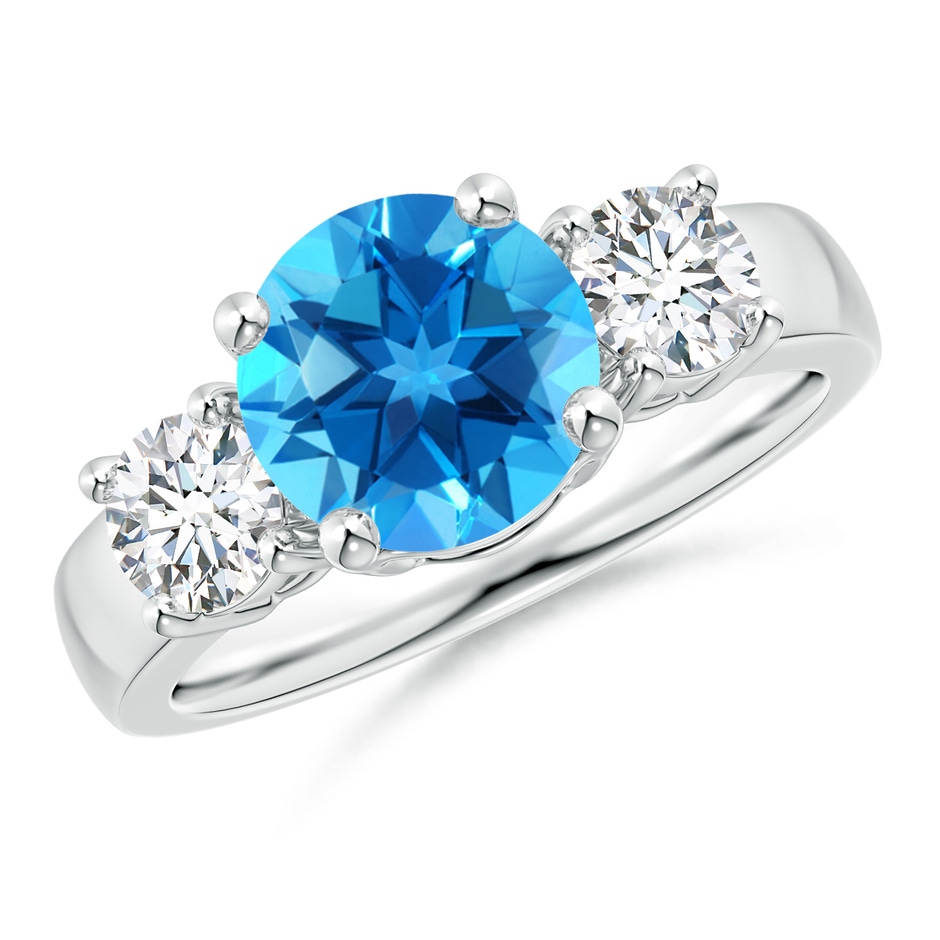 8mm AAAA Classic Swiss Blue Topaz and Diamond Three Stone Ring in P950 Platinum 