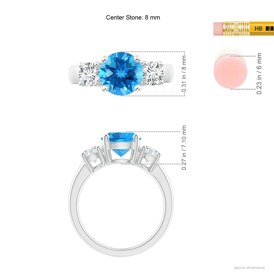 8mm AAAA Classic Swiss Blue Topaz and Diamond Three Stone Ring in P950 Platinum ruler