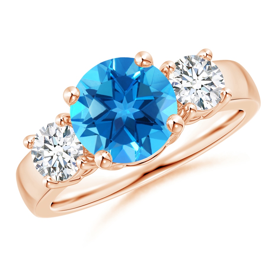 8mm AAAA Classic Swiss Blue Topaz and Diamond Three Stone Ring in Rose Gold 