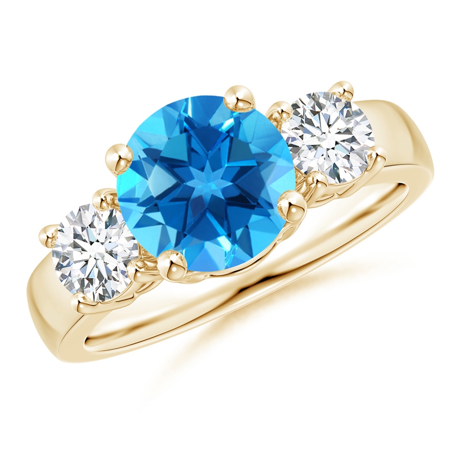 8mm AAAA Classic Swiss Blue Topaz and Diamond Three Stone Ring in Yellow Gold 