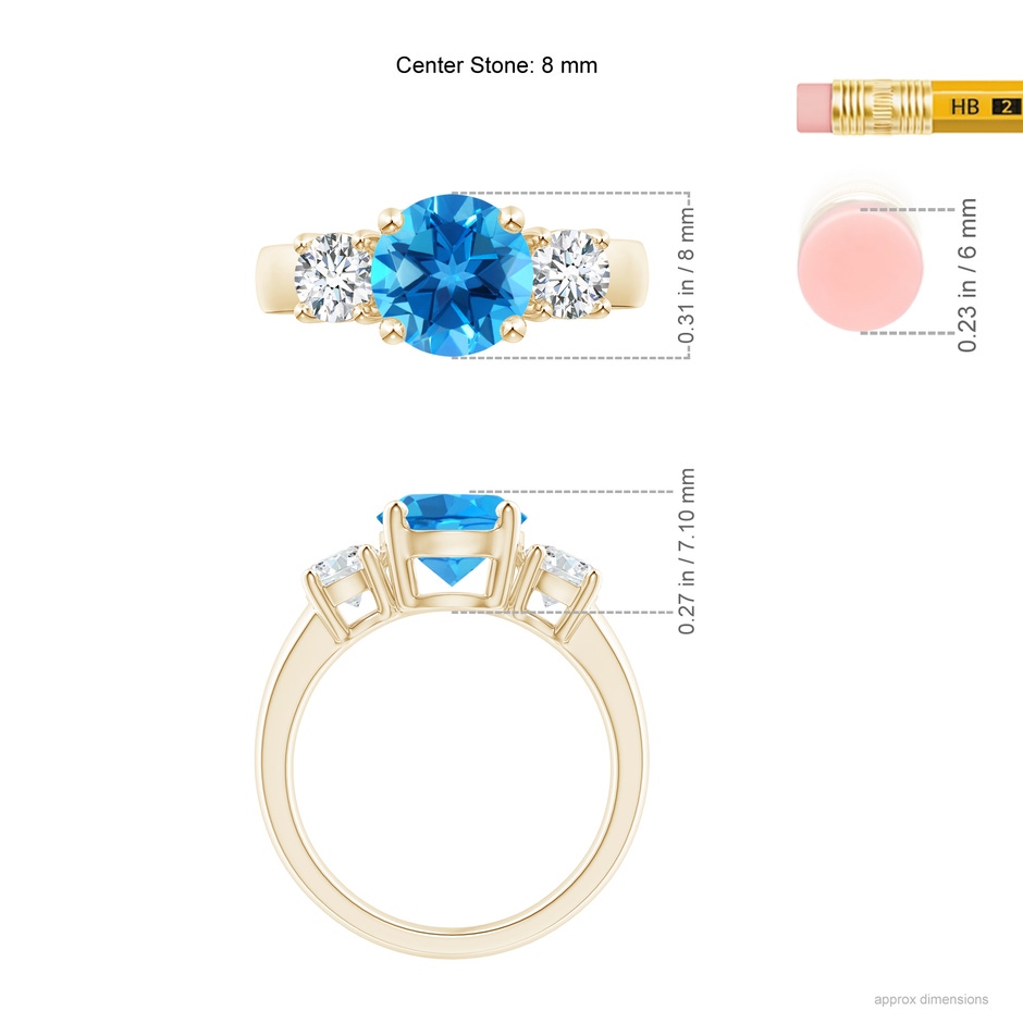 8mm AAAA Classic Swiss Blue Topaz and Diamond Three Stone Ring in Yellow Gold ruler
