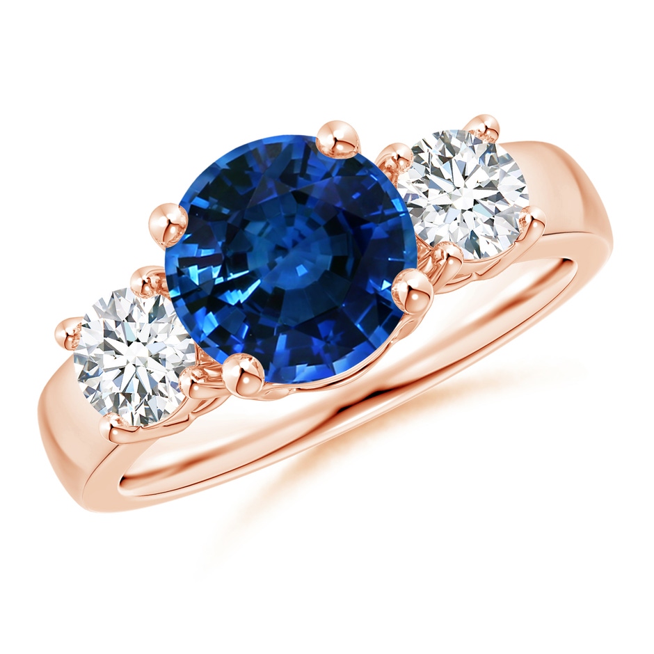 7.84-7.94x5.06mm AAA Classic GIA Certified Blue Sapphire Three Stone Ring with Diamonds in 18K Rose Gold 