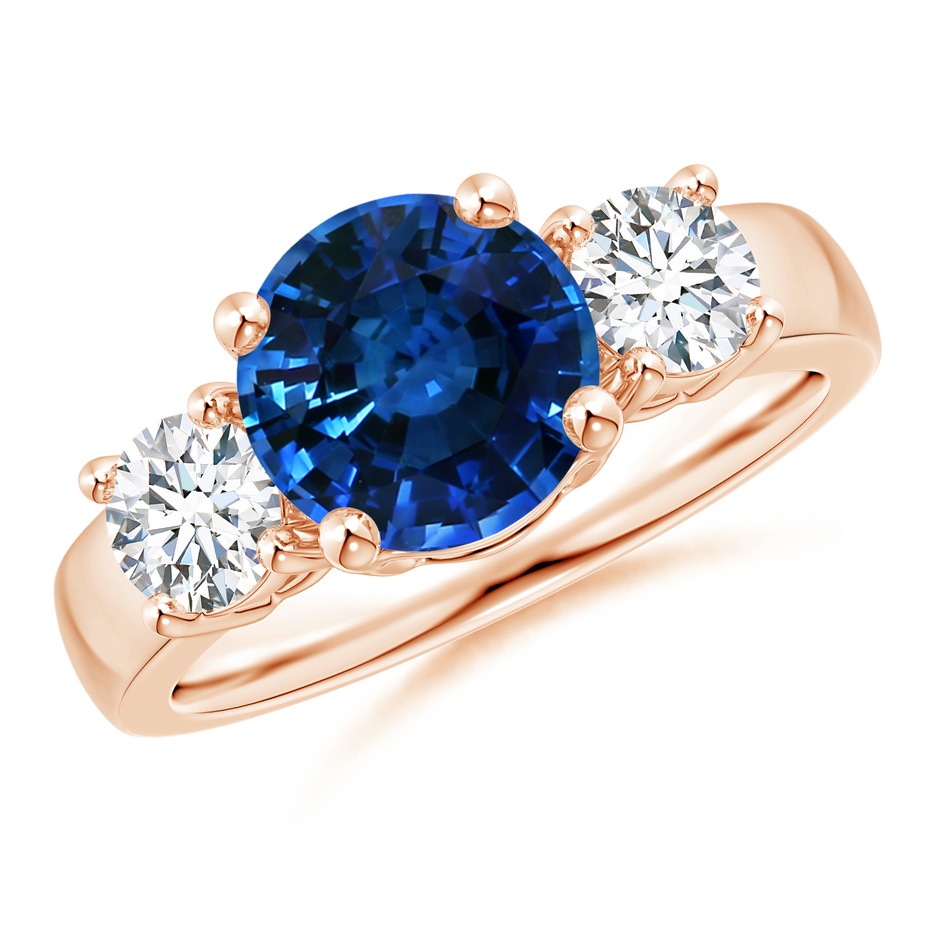 7.84-7.94x5.06mm AAA Classic GIA Certified Blue Sapphire Three Stone Ring with Diamonds in Rose Gold 