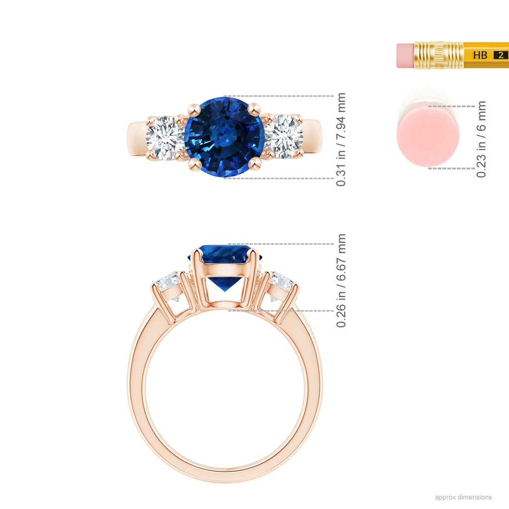 7.84-7.94x5.06mm AAA Classic GIA Certified Blue Sapphire Three Stone Ring with Diamonds in Rose Gold ruler