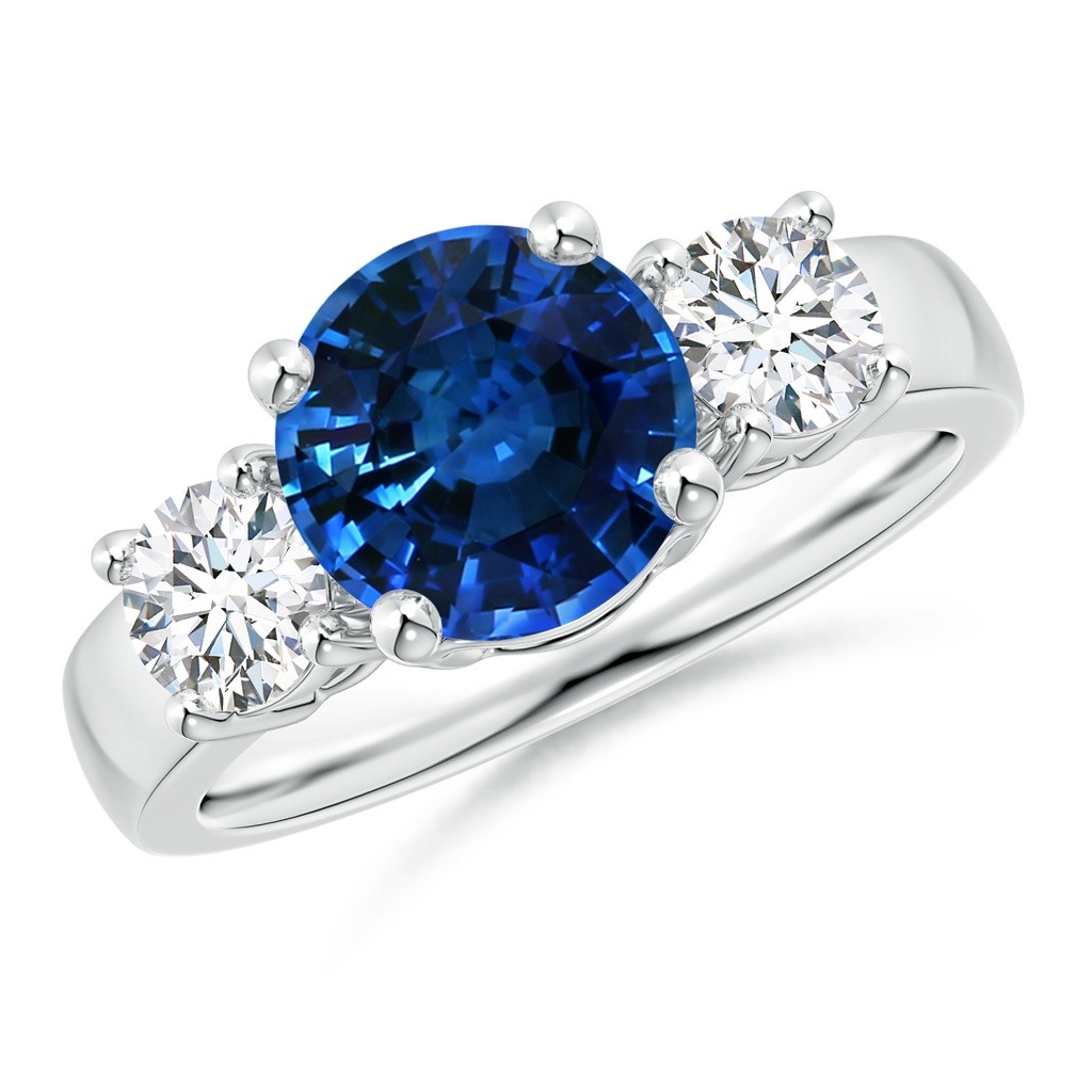 7.84-7.94x5.06mm AAA Classic GIA Certified Blue Sapphire Three Stone Ring with Diamonds in White Gold