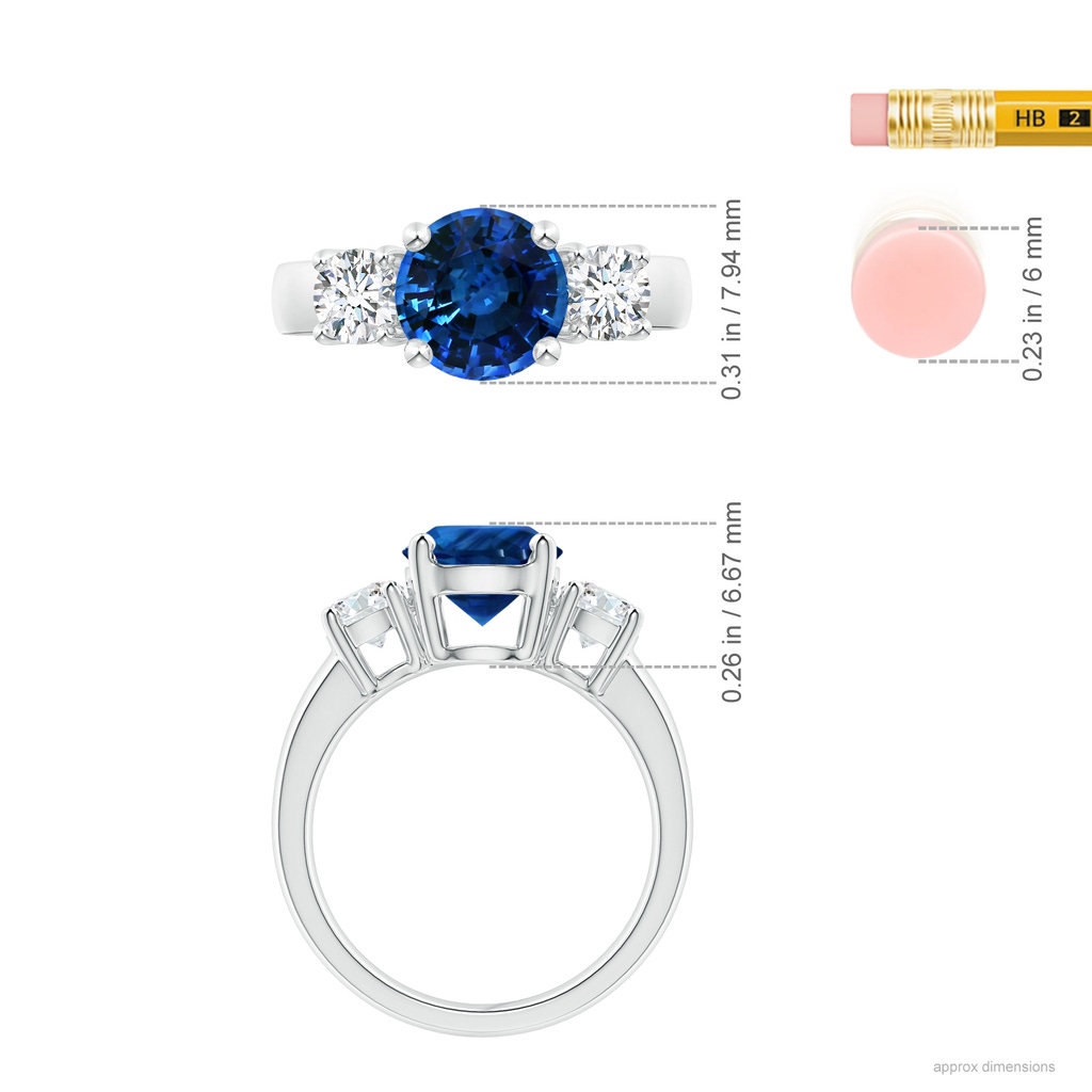 7.84-7.94x5.06mm AAA Classic GIA Certified Blue Sapphire Three Stone Ring with Diamonds in White Gold ruler