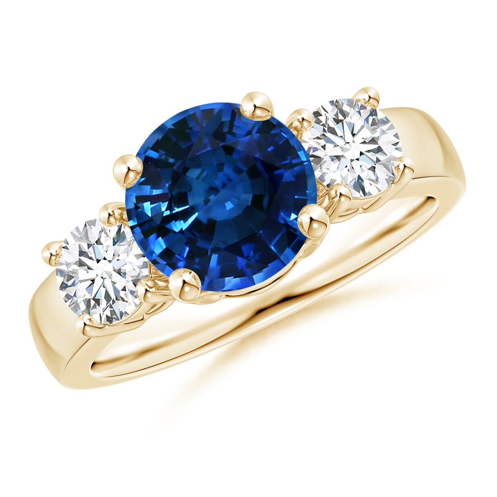 7.84-7.94x5.06mm AAA Classic GIA Certified Blue Sapphire Three Stone Ring with Diamonds in Yellow Gold