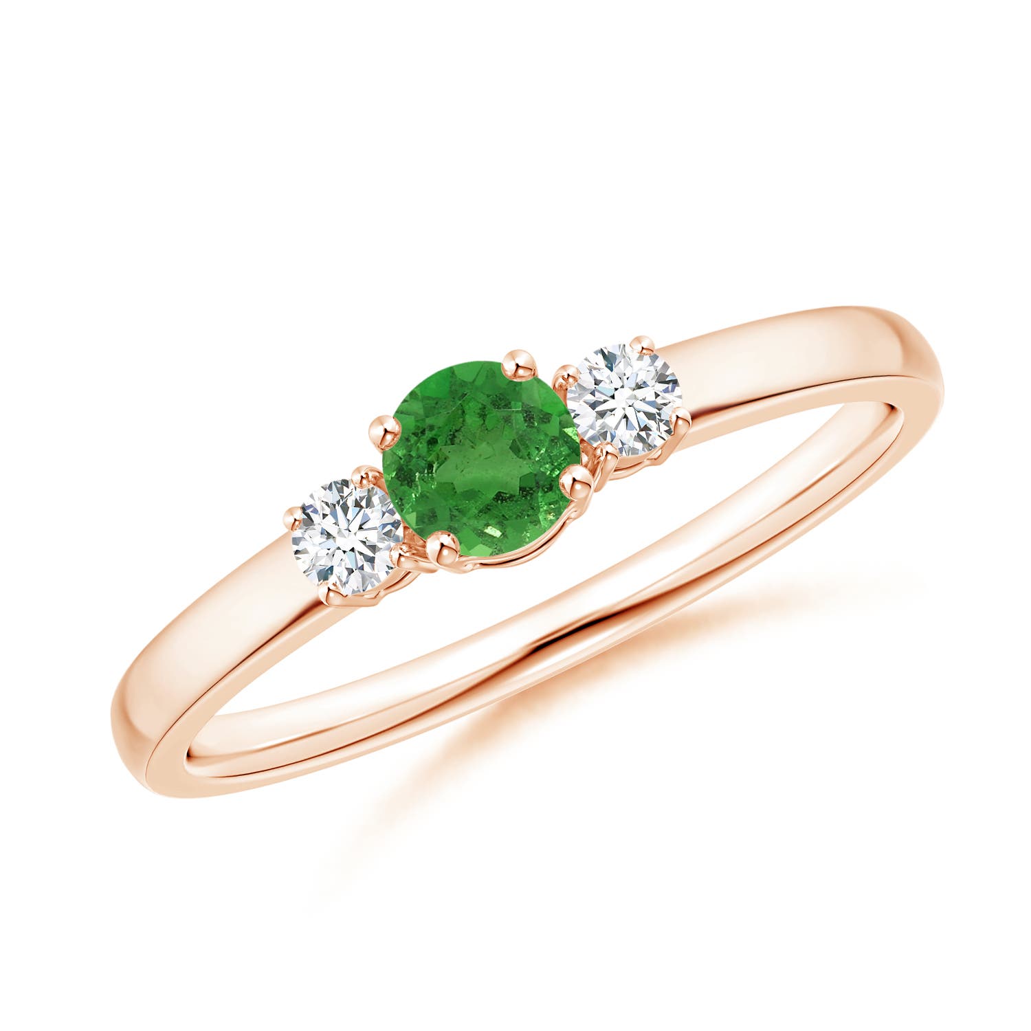 4mm AA Classic Tsavorite and Diamond Three Stone Engagement Ring in Rose Gold